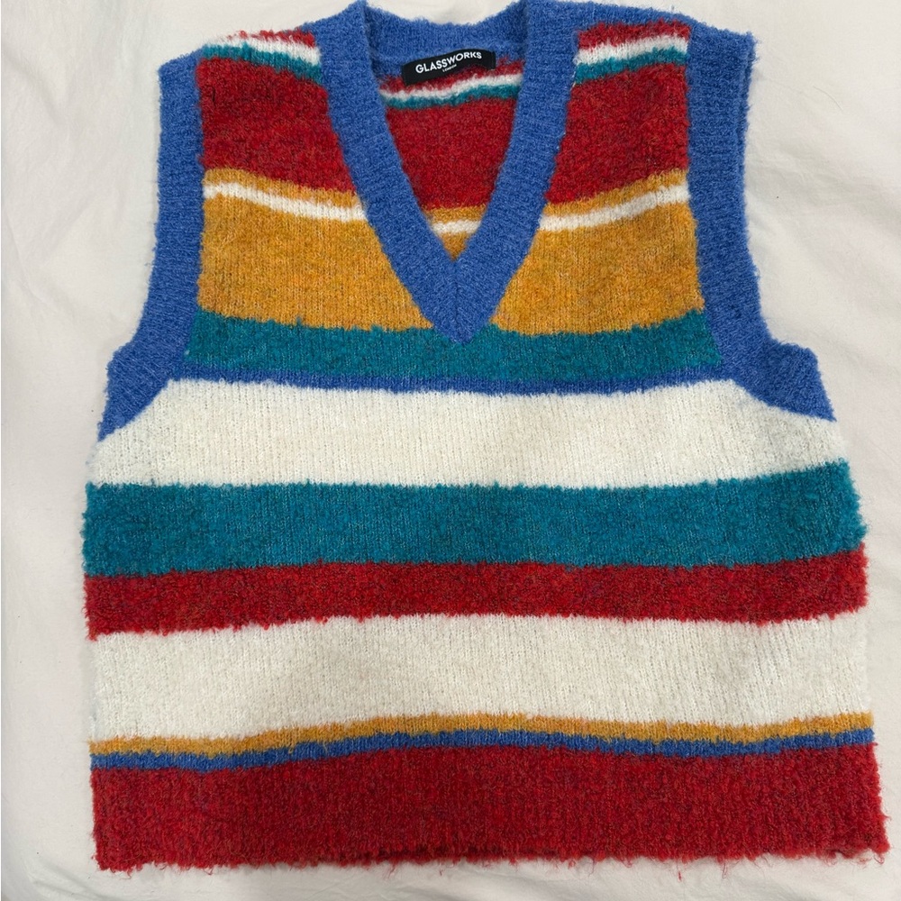 NWOT- GLASSWORKS London Sweater Vest in red, yellow, green and blue stripes
